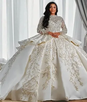 Роскошные свадебные платья трапециевидной формы в арабском стиле с длинными рукавами и пышным шлейфом большого размера, свадебное платье принцессы с блестящими пайетками