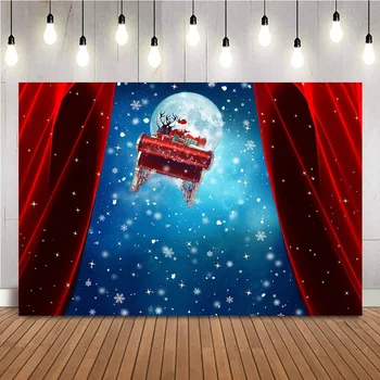 Санта-Клаус под ночным небом Фон Для Фотосъемки Красный Занавес Белый Фон в виде Снежинки для Украшения Портрета в Фотостудии