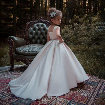 Свадебное платье с вышивкой для девочки в цветочек, розовое атласное кружевное элегантное детское платье для первого причастия, дня рождения, выпускного бала