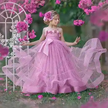 Свадебные платья для девочек-цветочниц на тонких бретельках, богемные нарядные платья для малышей, платья принцесс с 3D-аппликацией
