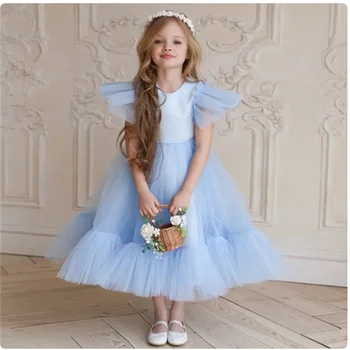 Светло-голубое платье в цветочек для девочек, бальное платье с круглым воротником, Молодежная вечеринка для гостей, подарок для первого причастия