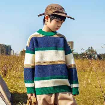 Свитера для мальчиков в корейском стиле в стиле Ретро от 5 до 14 лет, осень-зима, детская вязаная одежда с длинными рукавами, школьный пуловер для подростков, винтажные свитера