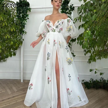 Сексуальное вечернее платье трапециевидной формы с белой цветочной вышивкой 2024 с открытыми плечами, пышными рукавами, длиной до пола, женские вечерние платья для выпускного вечера