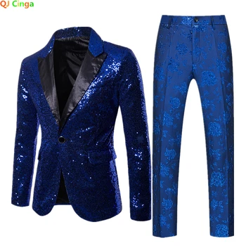 Синий пиджак с пайетками и брюки с вышивкой, мужские костюмы, костюм-двойка, пальто для свадебной вечеринки, брюки, красный, черный, фиолетовый, серебристый