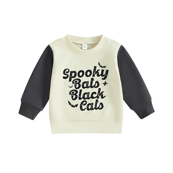 Толстовка на Хэллоуин для маленьких мальчиков и девочек, пуловер с круглым вырезом и буквенным принтом летучей мыши, свободные топы