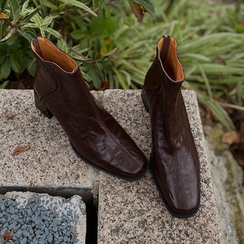 Хэйхайские короткие сапоги 2023, осень/зима, Новые пригородные ботинки на молнии в стиле ретро, кожаные ботинки на толстом каблуке с квадратным носком, детские