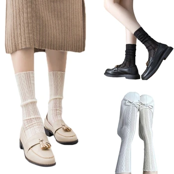 Чулочно-носочные изделия в опрятном стиле со средней трубкой, женские Милые полосатые однотонные кружевные носки