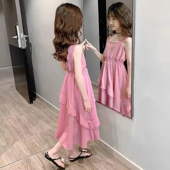 Шифоновое платье для девочек, лето 2023, новые Корейские детские платья без рукавов, Супер Фея, Маленькая девочка, принцесса, макси, длинные однотонные платья