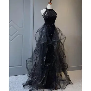 Элегантное черное вечернее платье с блестками, модные платья трапециевидной формы на бретелях, без рукавов, со складками, классическое женское платье для выпускного вечера длиной до пола
