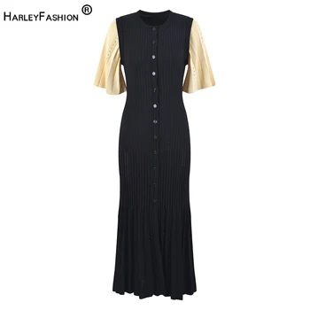Элегантный дизайн, Европейское женское вязаное платье Макси с расклешенными рукавами, летнее стильное Женское уличное платье высокого качества