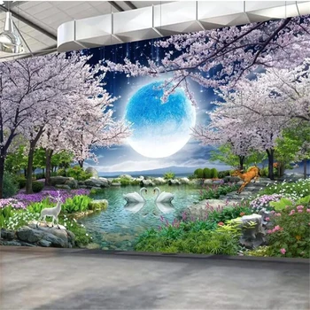 обои wellyu домашний декор Обои на заказ Лунный цветок хорошая луна круглое вишневое дерево пейзажная живопись ТВ фон стены